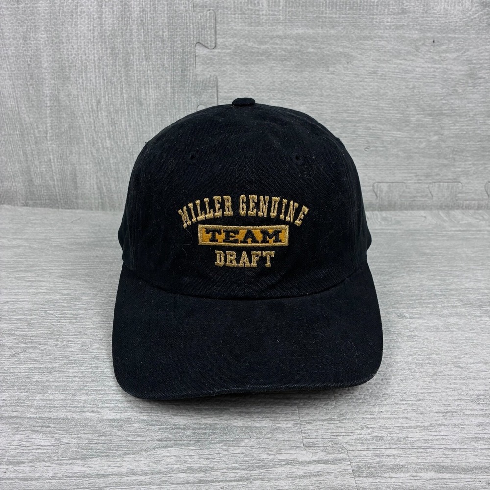Vintage Miller Beer Hat‎ Cap Strap Back Black Canvas Miller Genuine Team Draft
